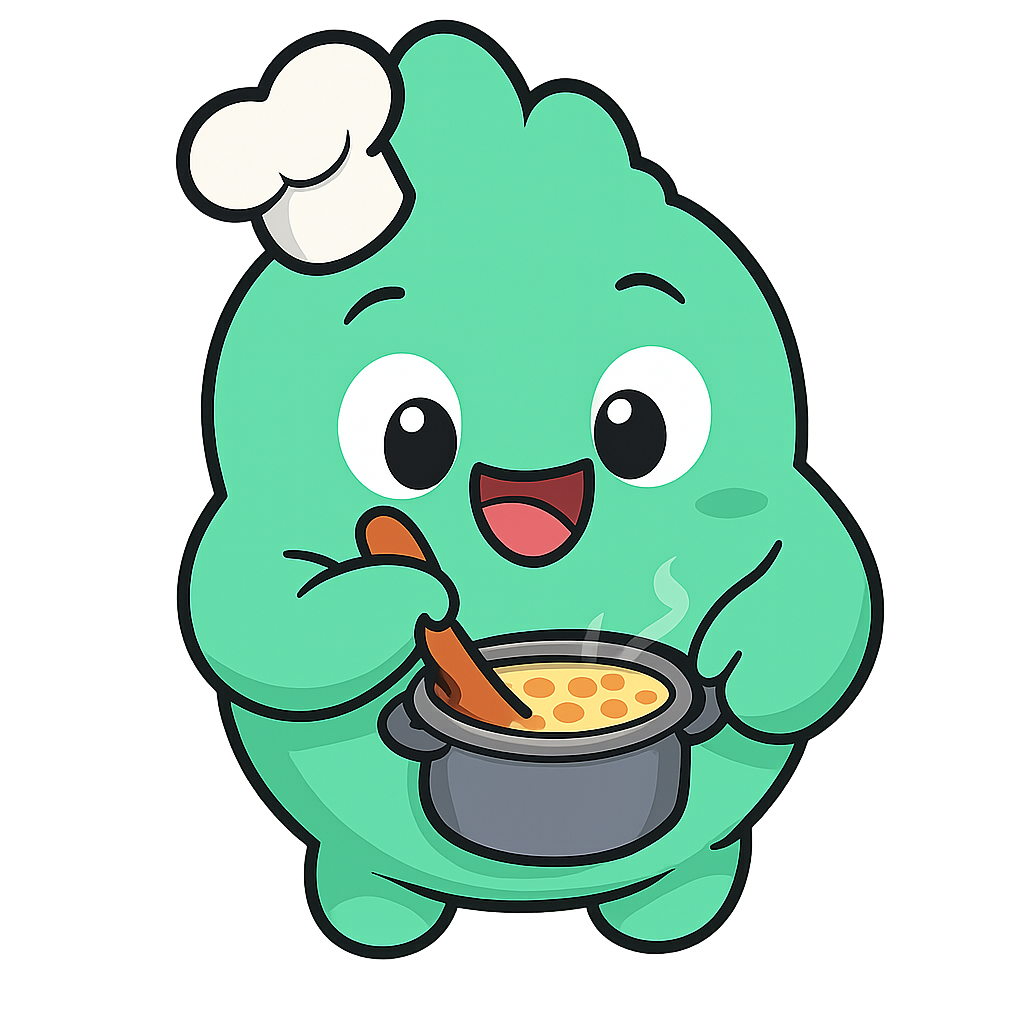 Tonic the mint mascot, cooking happily with a wooden spoon