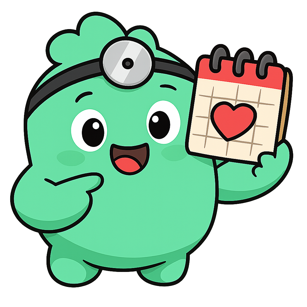 Tonic the mint-green mascot, holding a small calendar with a heart on it